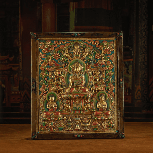 RADIANCE OF COMPASSION – 19TH CENTURY GILT COPPER JOWO BUDDHA WALL THANGKA