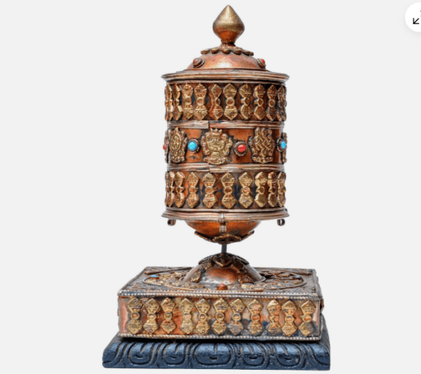 8" Large Nepal Tibetan Buddhist Prayer Wheel Wood Stand Brass Dorje Home Décor
