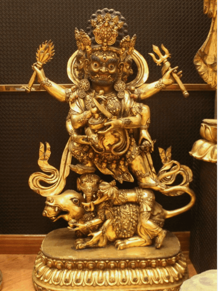 34.6''Old Tibet Purple Bronze 24K Gold Mahakala Hold Faqi
