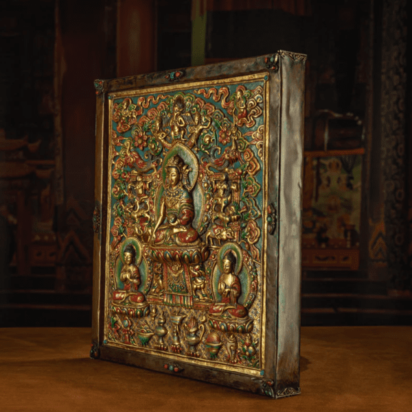 RADIANCE OF COMPASSION – 19TH CENTURY GILT COPPER JOWO BUDDHA WALL THANGKA