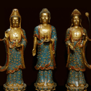 Old Tibet Cloisonne Enamel Bronze Gilt Shakyamuni Kwan-yin God Buddha Statue Set