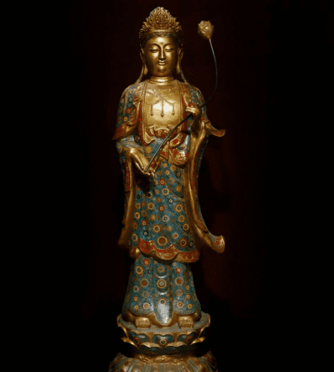 Old Tibet Cloisonne Enamel Bronze Gilt Shakyamuni Kwan-yin God Buddha Statue Set