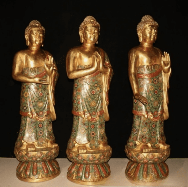 Tibet purple bronze 24k gold gilt cloisonne Sakyamuni triratna buddha statue