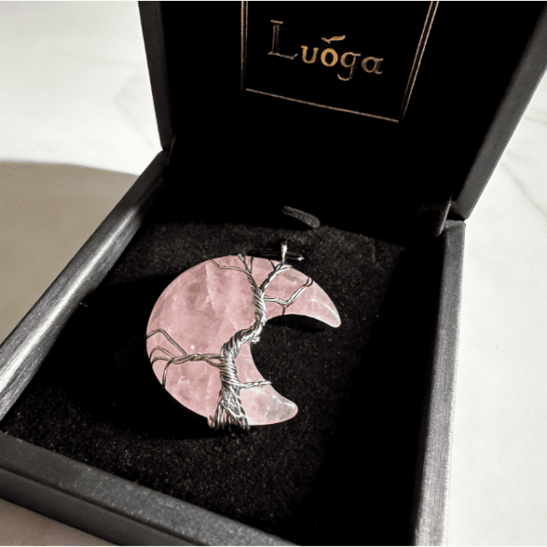 LUOGA Rose Quartz Crescent Pendant | Delicate Wire Wrapped Jewelry