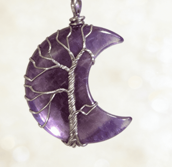 LUOGA Natural Amethyst Moon Tree of Life Pendant Necklace